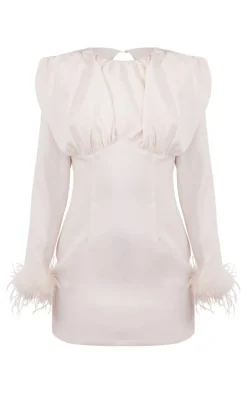 Petite Cream Long Sleeve Faux Feather Cuff Mini Dress