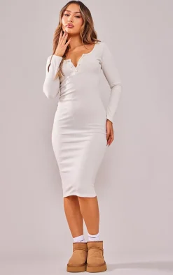 Petite Cream Long Sleeve Brushed Rib Button Detail Midi Dress