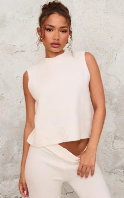 Petite Cream Marl Soft Knit High Neck Sleeveless Long Top