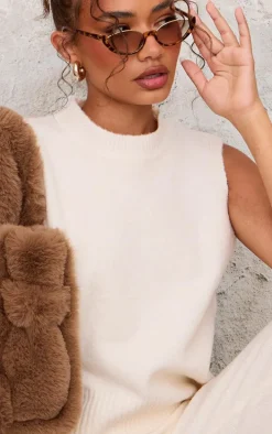 Petite Cream Marl Soft Knit High Neck Sleeveless Long Top