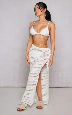 Petite Cream Open Knit Tie Side Maxi Skirt With Split