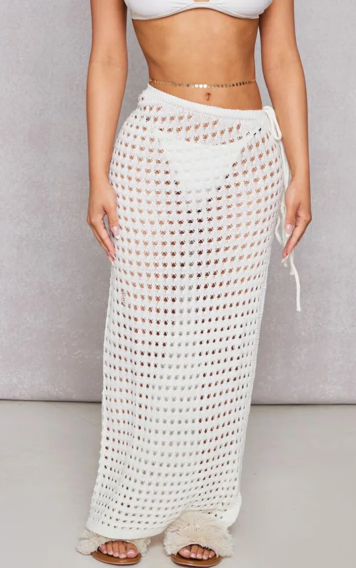 Petite Cream Open Knit Tie Side Maxi Skirt With Split