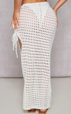 Petite Cream Open Knit Tie Side Maxi Skirt With Split