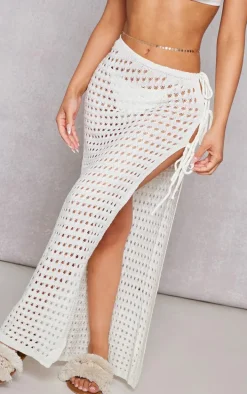 Petite Cream Open Knit Tie Side Maxi Skirt With Split