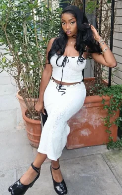 Petite Cream Pointelle Knit Maxi Skirt With Contrast Trim