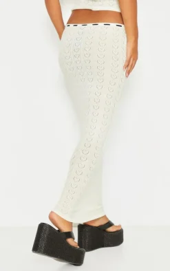 Petite Cream Pointelle Knit Maxi Skirt With Contrast Trim