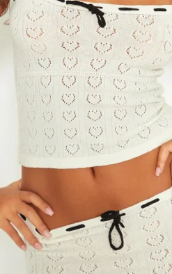 Petite Cream Pointelle Knit Maxi Skirt With Contrast Trim