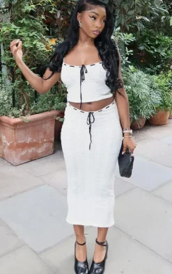 Petite Cream Pointelle Knit Cami Top With Contrast Trim