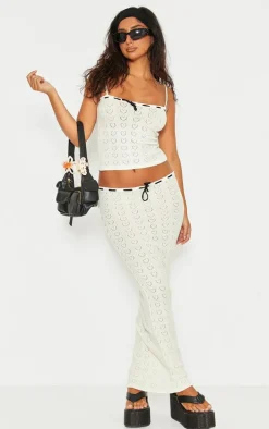 Petite Cream Pointelle Knit Cami Top With Contrast Trim