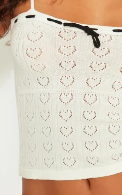 Petite Cream Pointelle Knit Cami Top With Contrast Trim