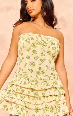 Petite Cream Printed Linen Look Tiered Ruffle Mini Dress