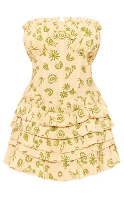 Petite Cream Printed Linen Look Tiered Ruffle Mini Dress