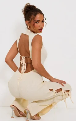 Petite Cream Rib Knit Open Back Tie Leg Jumpsuit