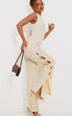 Petite Cream Rib Knit Open Back Tie Leg Jumpsuit