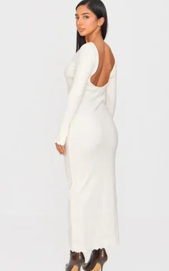 Petite Cream Ribbed Boat Neck Low Back Maxi Dress
