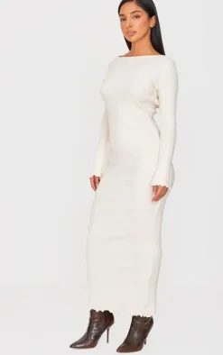 Petite Cream Ribbed Boat Neck Low Back Maxi Dress