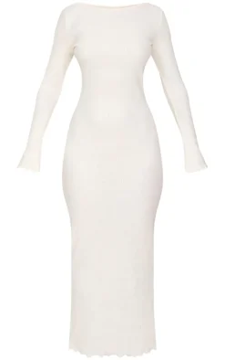 Petite Cream Ribbed Boat Neck Low Back Maxi Dress