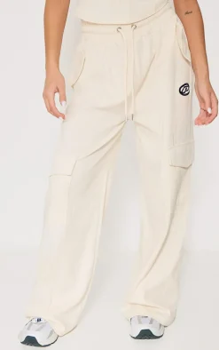 Petite Cream Ribbed Branded Drawstring Wide Leg Pants