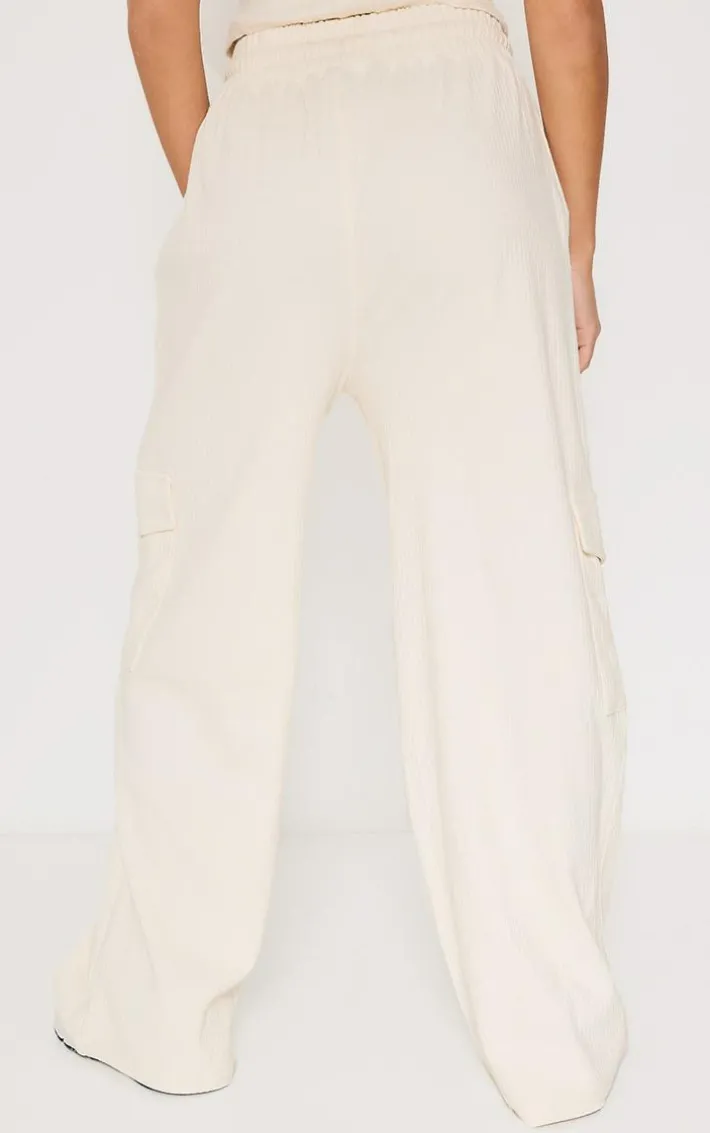 Petite Cream Ribbed Branded Drawstring Wide Leg Pants