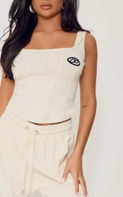 Petite Cream Ribbed Branded Drawstring Wide Leg Pants