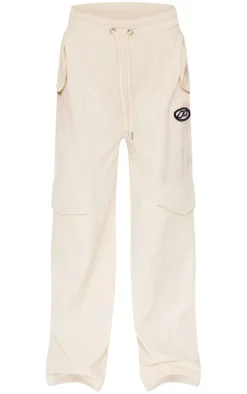 Petite Cream Ribbed Branded Drawstring Wide Leg Pants