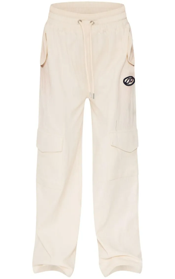 Petite Cream Ribbed Branded Drawstring Wide Leg Pants