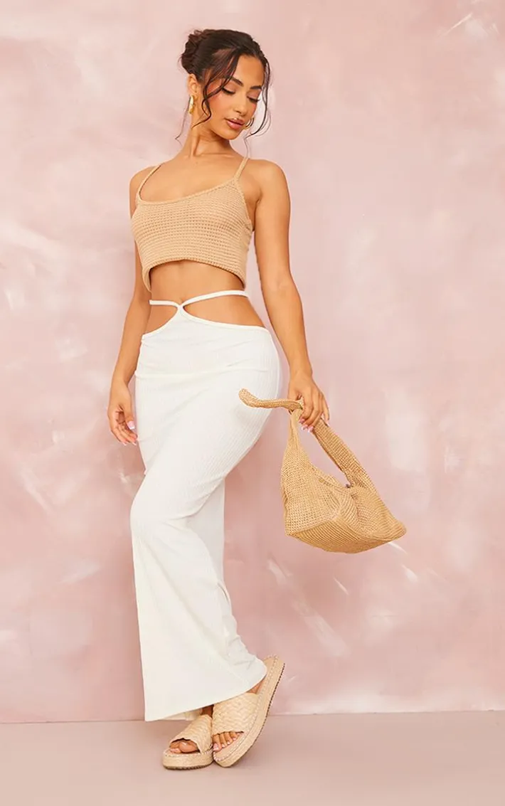 Petite Cream Ribbed Tie Detail Midaxi Skirt