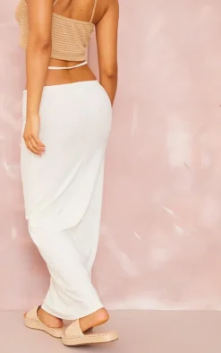 Petite Cream Ribbed Tie Detail Midaxi Skirt