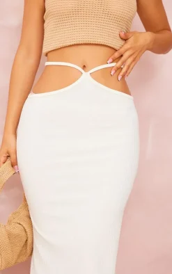 Petite Cream Ribbed Tie Detail Midaxi Skirt