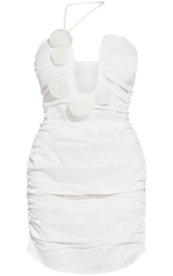 Petite Cream Satin Rose Detail Bandeau Dress