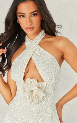 Petite Cream Sequin Cross Over Corsage Mini Dress