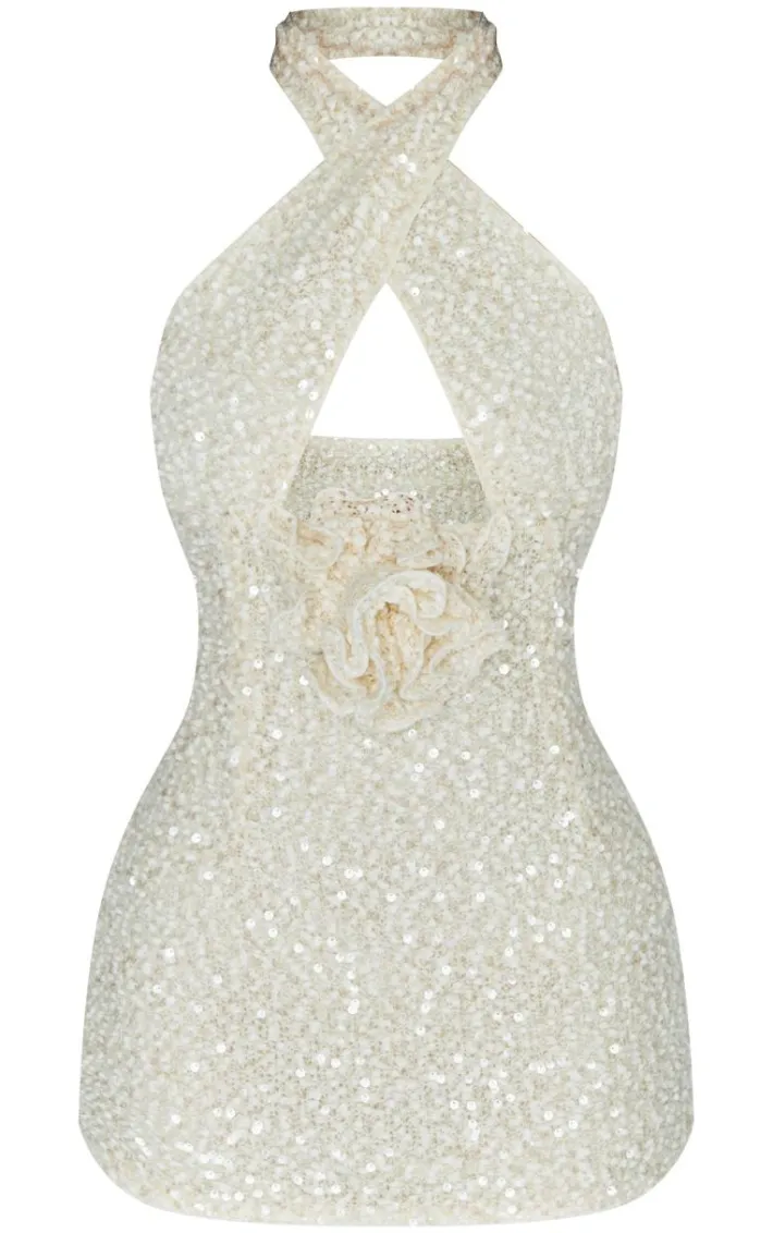 Petite Cream Sequin Cross Over Corsage Mini Dress
