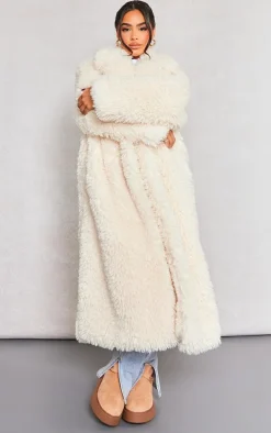 Petite Cream Shaggy Faux Fur Longline Coat