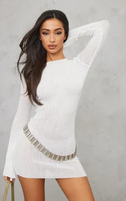 Petite Cream Sheer Knitted High Neck Dress