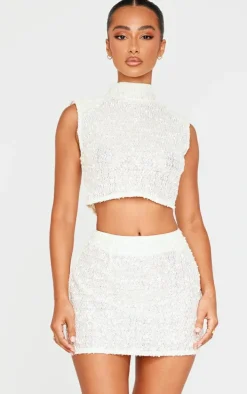 Petite Cream Shoulder Pad Detail Sleeveless Sequin Crop Top