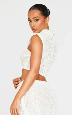 Petite Cream Shoulder Pad Detail Sleeveless Sequin Crop Top