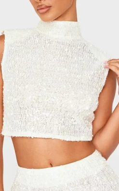 Petite Cream Shoulder Pad Detail Sleeveless Sequin Crop Top