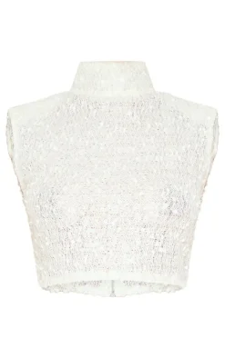 Petite Cream Shoulder Pad Detail Sleeveless Sequin Crop Top