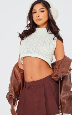 Petite Cream Sleeveless Knitted High Neck Crop Top