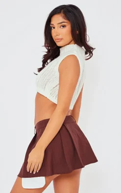 Petite Cream Sleeveless Knitted High Neck Crop Top