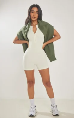 Petite Cream Snatched Rib Zip Up Front Unitard