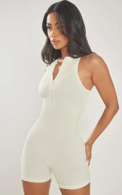 Petite Cream Snatched Rib Zip Up Front Unitard