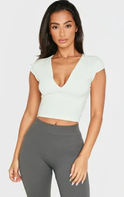 Petite Cream Snatched Sculpt V Neck Crop Top