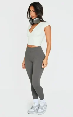 Petite Cream Snatched Sculpt V Neck Crop Top