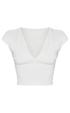 Petite Cream Snatched Sculpt V Neck Crop Top
