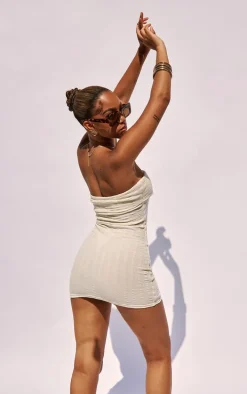 Petite Cream Textured Bandeau Fold Detail Bodycon Dress