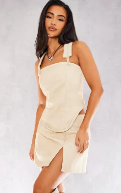Petite Cream Washed Faux Leather Curved Hem Corset Top
