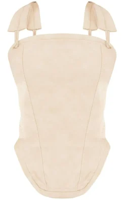 Petite Cream Washed Faux Leather Curved Hem Corset Top