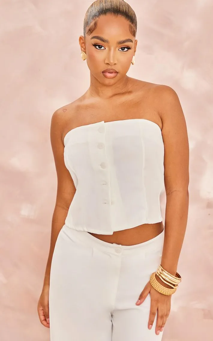 Petite Cream Woven Button Bandeau Top