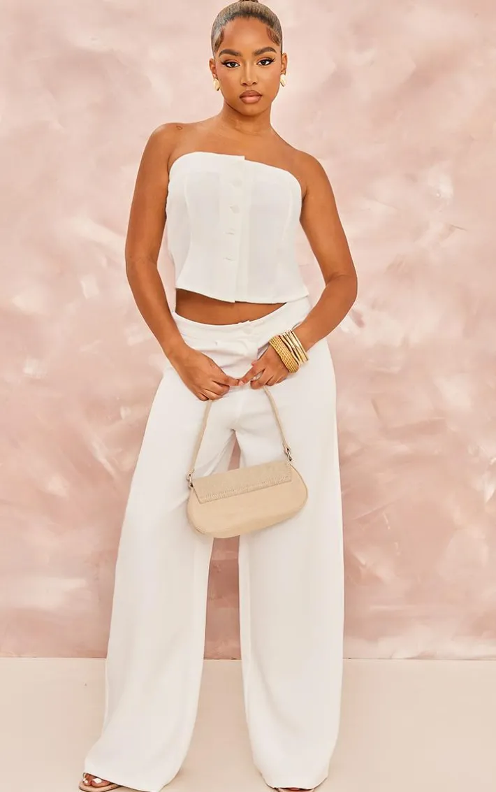 Petite Cream Woven Button Bandeau Top